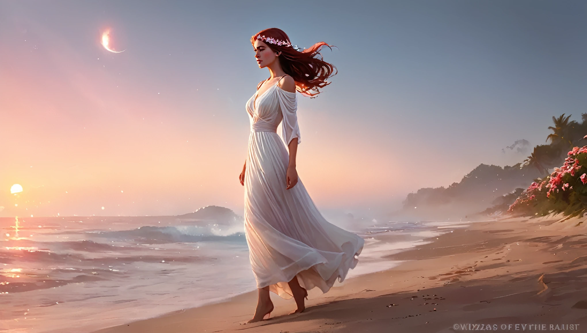 fantasy digital painting of a woman, ethereal beauty, looking at the sky longingly, detailed sad eyes, walking through the beach, barefoot, wearing a loose white sheer dress that flows in the wind, flowers in her hair, orange red pink sky, side view, dreamy atmosphere, bathed in the crimson light of dusk, Anna Dittmann  Greg Rutkowski