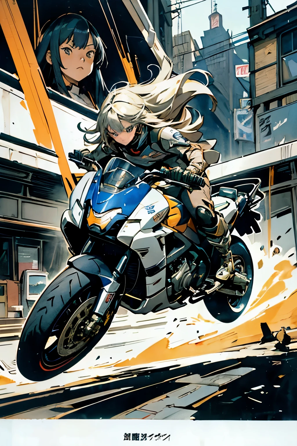 top-quality、masutepiece、4K、comic strip、watercolor paiting、ighly detailed、 Semi-long hair girl、Girl in a Cybersuit、A girl riding a flying mecha shaped like a motorcycle without tires、High school boy in uniform、Narrow alley、Akira Toriyama、SPEEDLINE、Centralized lines、Sci-fi cartoons