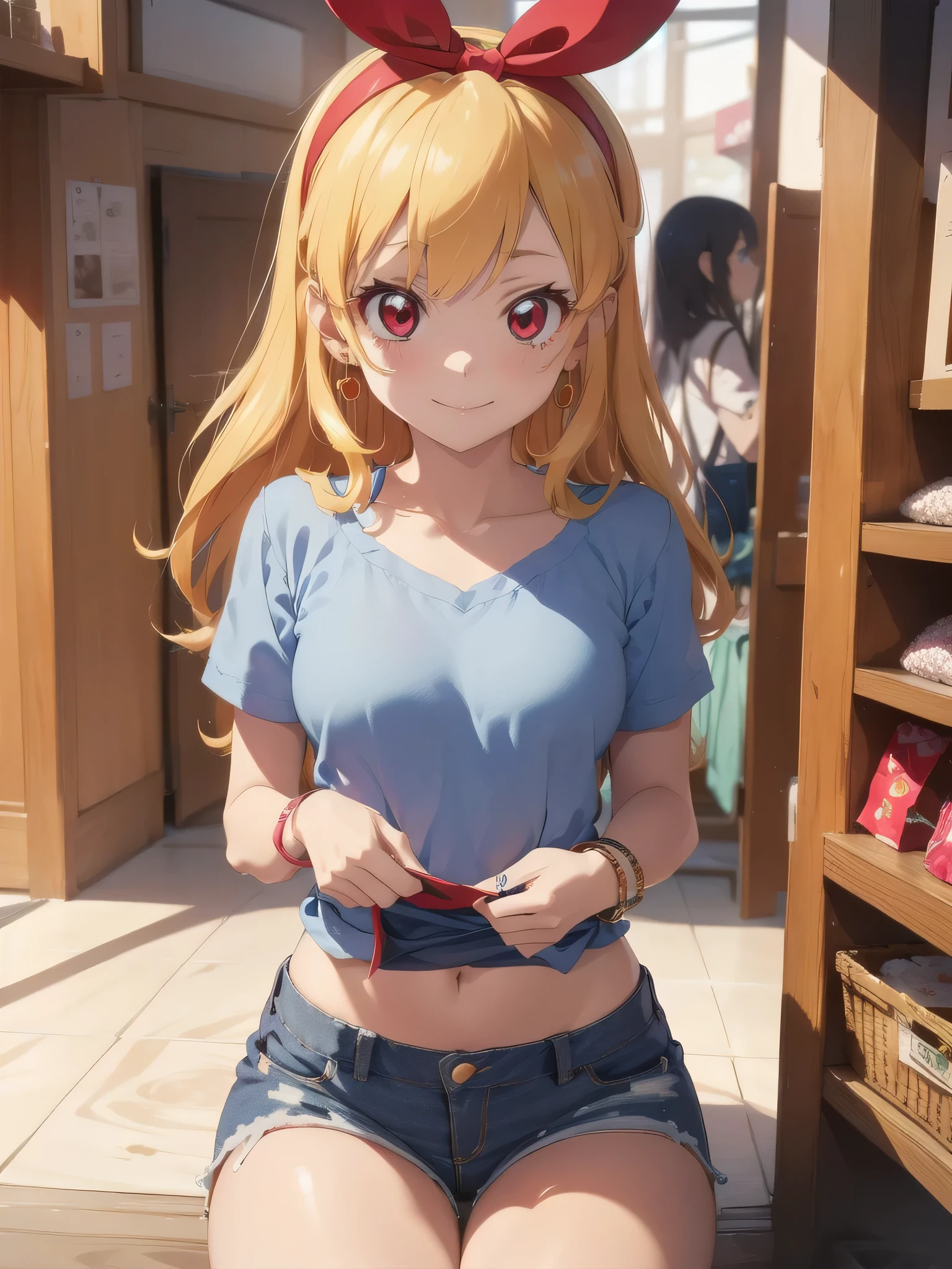, ((beautiful)), ((masterpiece)), ((best quality)), (extremely detailed face), perfect lighting, highres, 8k, wallpaper, backlit, (absurdres), (ultra detailed, 8K, ultra highres:1.2), BREAK,(RED Ribbon on HAIRband:1.2),Blonde HAIR,smile,navel,groin,denim shorts,loose clothes,shirt pull,shorts pull,A fashionable female ,dressed in a casual yet stylish outfit,browsed the racks of clothes at the department store. She hummed a tune to herself as she examined the various accessories and small items on display. Her outfit consisted of a pair of ripped denim shorts paired with a loose, camisole and a pair of sneakers. She accessorized with a small, silver bracelet on her wrist. As she shopped, the girl couldn't help but be drawn to the various colorful and glittering items in the store. She picked up a pair of cute, heart-shaped earrings and a matching necklace,admiring them in the bright, fluorescent lighting,Ichigo Hoshimiya (Aikatsu!),from below,squatting,groin_focus,