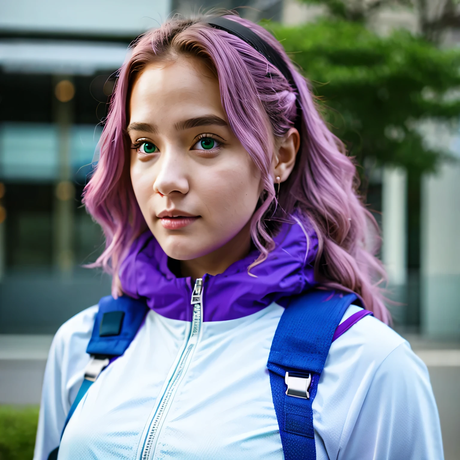 Photo of a college student, Purple Pink, Futuristic space suit, (freckle:0.8) Cute face, Science Fiction, Dystopia, Delicate eyes, Green pupils((side view))