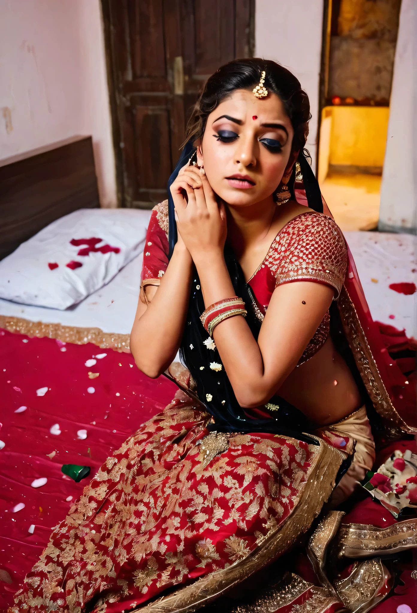 Typical Bihari wedding, bride's sister disappointed in front, domestic violence, dark image, girl's makeup messed up, tears in eyes, kajal scattered, clothes scattered on the body lying on the bed in the bedroom, sad sexy pose, full body