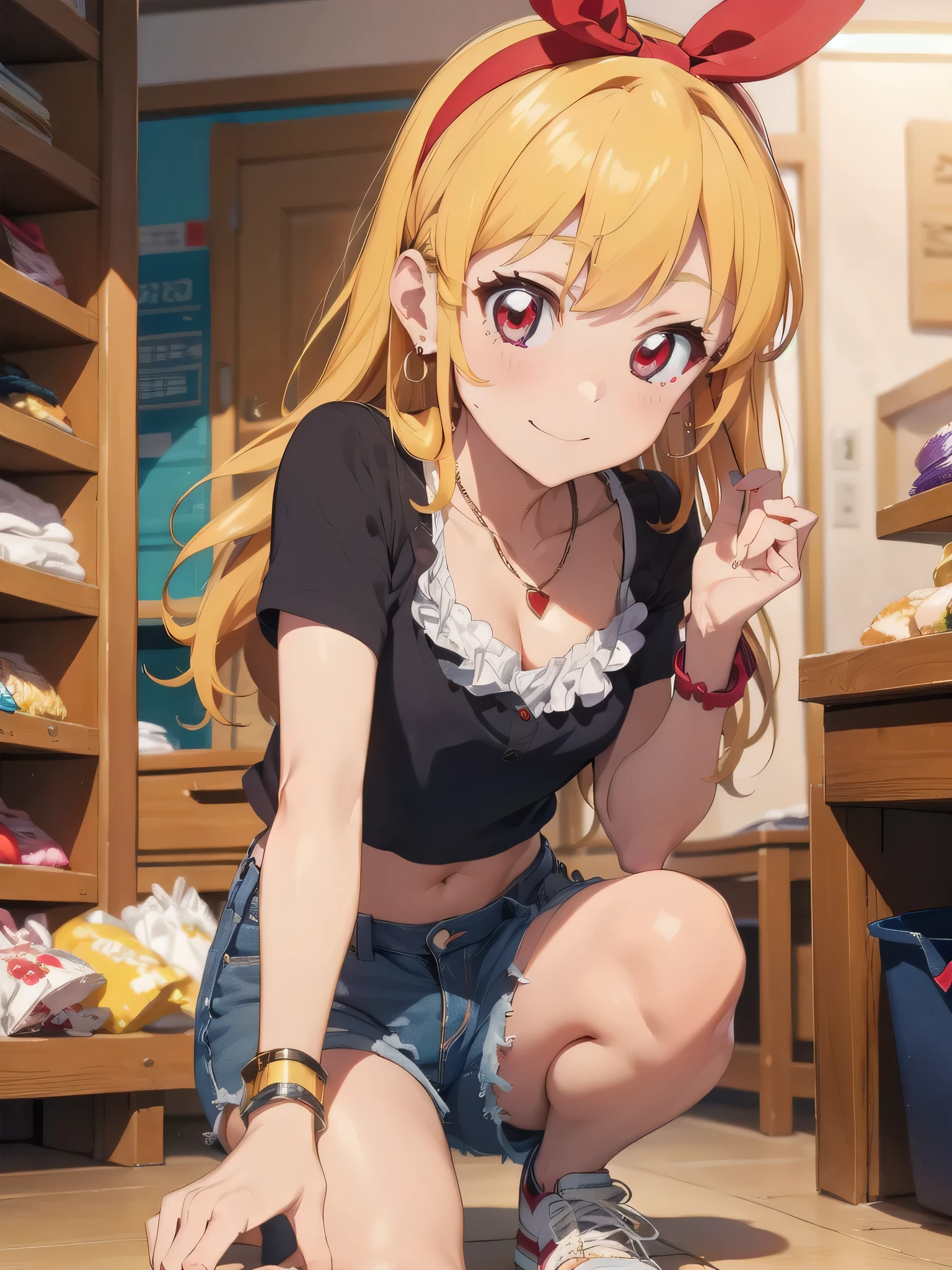 , (nsfw), ((beautiful)), ((masterpiece)), ((best quality)), (extremely detailed face), perfect lighting, highres, 8k, wallpaper, backlit, (absurdres), (ultra detailed, 8K, ultra highres:1.2), BREAK,(RED Ribbon on HAIRband:1.2),smile,navel,groin,denim shorts,loose clothes,shirt pull,shorts pull,A fashionable female ,dressed in a casual yet stylish outfit,browsed the racks of clothes at the department store. She hummed a tune to herself as she examined the various accessories and small items on display. Her outfit consisted of a pair of ripped denim shorts paired with a loose, camisole and a pair of sneakers. She accessorized with a small, silver bracelet on her wrist. As she shopped, the girl couldn't help but be drawn to the various colorful and glittering items in the store. She picked up a pair of cute, heart-shaped earrings and a matching necklace,admiring them in the bright, fluorescent lighting,Ichigo Hoshimiya (Aikatsu!),from below,squatting,groin_focus,Blonde_HAIR