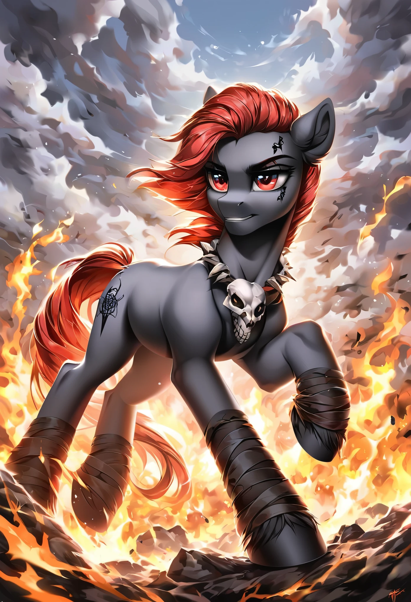 score_9, score_8_up, score_7_up, MLP, black fur, firey hair, red eyes, death, skull tattoo, desolate landscape, fire in the background, post-apocalyptic scene, only one pony, solo scene