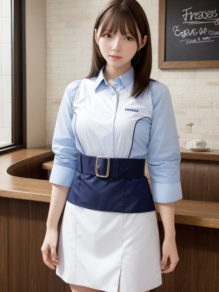 Highest quality、masterpiece、8k、Very detailed、Realistic、(One person:1.2)、Looking at me with a smile、whole body、Black Hair、Short Hair、Small face、Slender、(Very large breasts:1.2)、Thin and beautiful legs、narrow and constricted waist,、(Family Restaurant Uniforms:1.2)、A tight-fitting white shirt with buttons and a collar、A short, black, high-waisted skirt、(Nobody background)