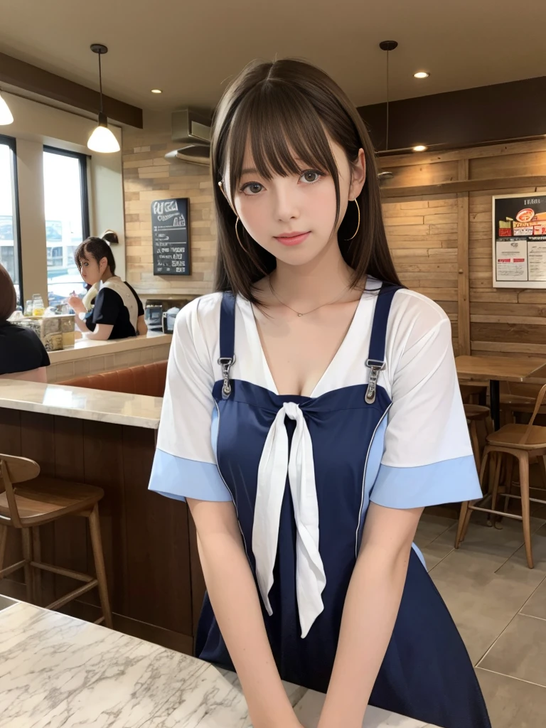 highest quality,8K,masterpiece,high resolution,The background is a cafe,Three Women,Cafe attendant costume,Larger breasts