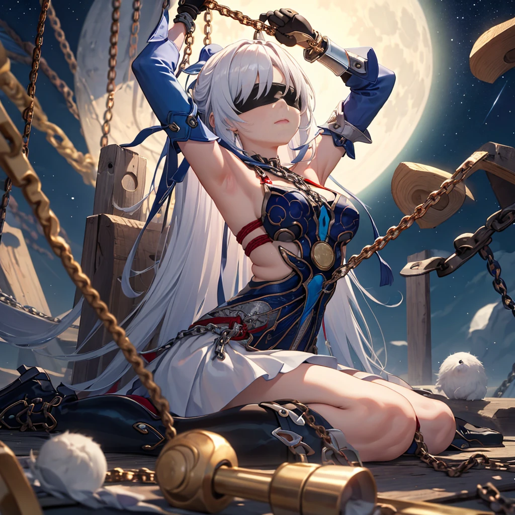 masterpiece, best quality, JingliuV5, 1girl, solo, gloves, gloves, dress, bare shoulders, closed mouth, boots, sky, black gloves, black footwear, blindfold, night sky, full moon, elbow gloves, armpits, arms up, ((chain, bound, restrained:1.3)), sitting, wariza, night, starry sky, sky, cowboy shot, view from below, far shot