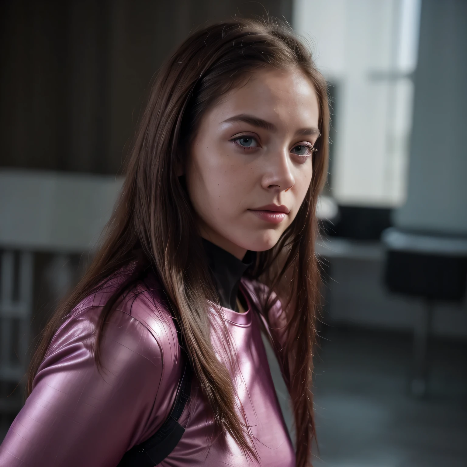 Photo of a college student, Purple Pink, Futuristic space suit, (freckle:0.8) Cute face, Science Fiction, Dystopia, Delicate eyes, Green pupils（（side view））Flowing long hair，Jump，be born，Burgundy hair