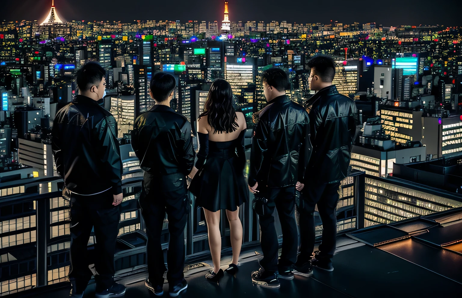 5 people standing on the windowsill，Look at the city at night, Standing on the roof, Standing on the roof of a skyscraper, Standing on the roof, On the rooftops of Tokyo at night, City night visual effects, Movie promotional images, Overlooking the modern city, Looking at the city, on tokyo cyberpunk night rooftop, in a future city, Tokyo night rooftop