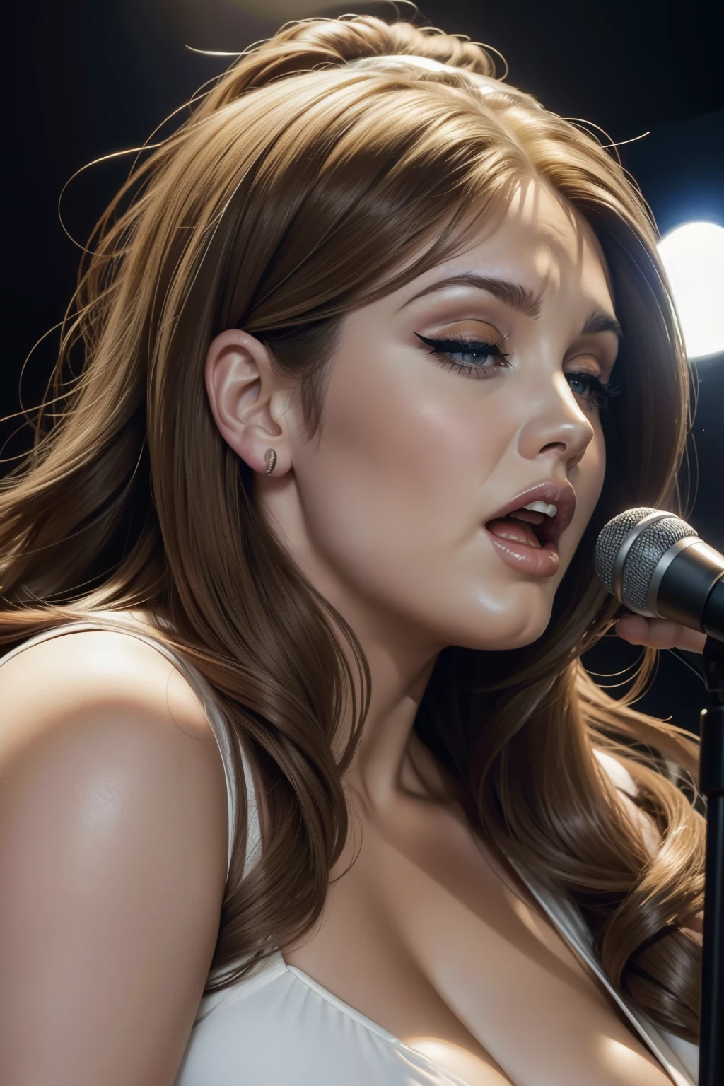Lucy Pinder, face portrait, portrait, mouth wide open, (Adele), ((VERY INTENSE MAKEUP)), voluptuous, cleavage, lace, ((singing)), (Jennifer Lopez), (sweating), ((Eyes closed)), ((frown))