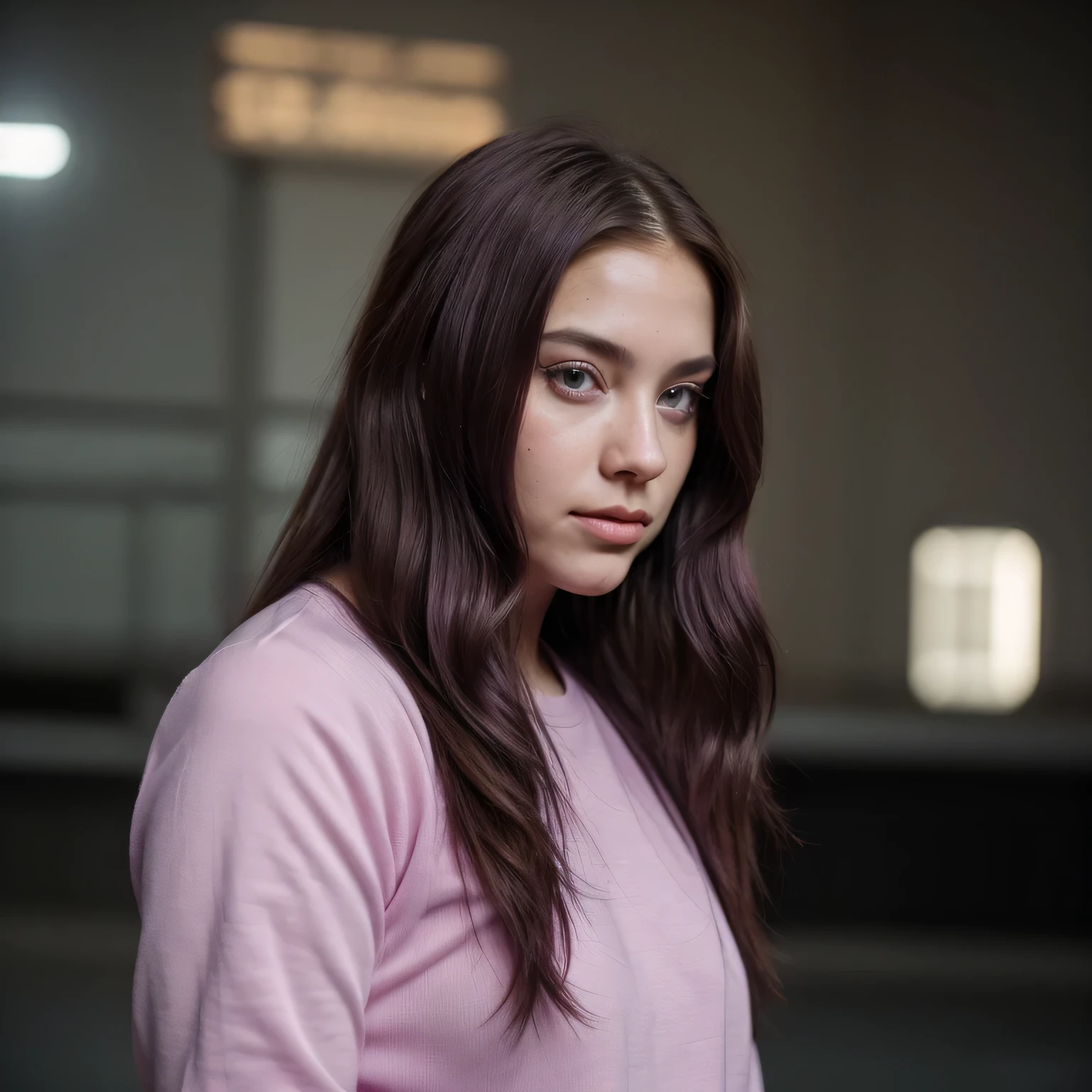 Photo of a college student, Purple Pink, Futuristic space suit, (freckle:0.8) Cute face, Science Fiction, Dystopia, Delicate eyes, Green pupils((side view))Flowing long hair,Jump,be born,Burgundy hair