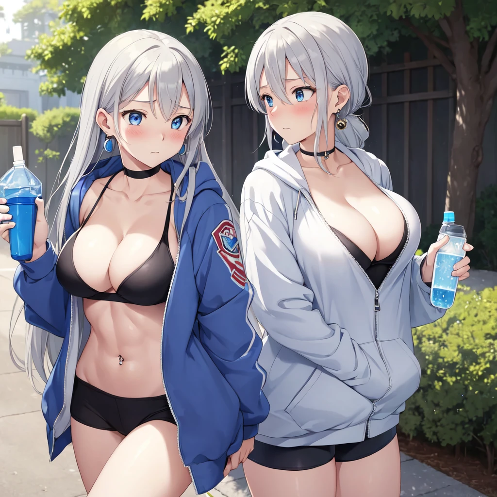 (((masterpiece))), ShizukaMikazuki, One Girl, alone, Looking at the camera, Long Hair, Gray Hair, Long sleeve, Cleavage, Very large breasts, Mature Body,Adult face,clavicle, Jacket, Open clothes, open Jacket, blue hoodie, Black sports bra, Black hot pants, choker with a charm,Play sports often,bicycle,Clear light blue eyes, Blushing,Embarrassed expression,Faintly visible abs,Earrings,Golden navel piercing,Park at dusk, Holding a sports drink