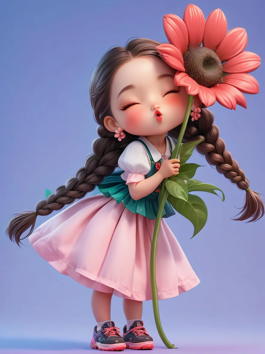 Cute little girl with long braids,Kissing in front of the camera,Wearing a skirt,Holding a huge flower,(one eye closed:1.6),3D Rendering,Solid color background,specific,chibi anime,Surrealism