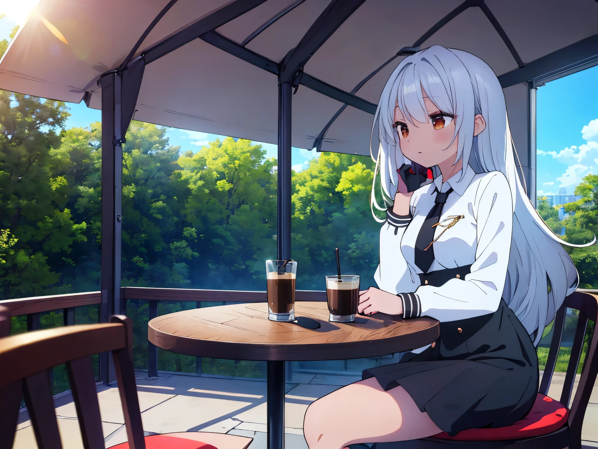 (((highest quality))),(((High resolution))),(((8k))),(((Cafe Terrace))),Forest Park,Sun Leaking Sun,Sit on a chair,looking away,coffee,table,solo,