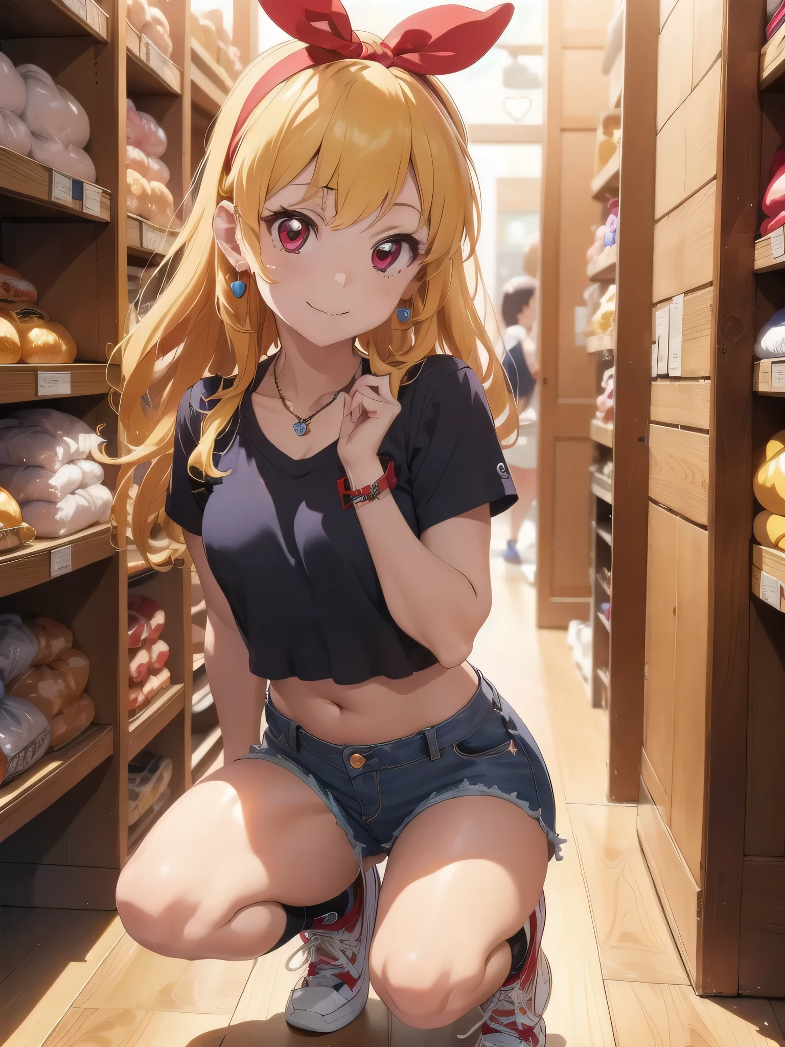 , ((beautiful)), ((masterpiece)), ((best quality)), (extremely detailed face), perfect lighting, highres, 8k, wallpaper, backlit, (absurdres), (ultra detailed, 8K, ultra highres:1.2), BREAK,(RED Ribbon on HAIRband:1.2),Blonde HAIR,smile,navel,groin,denim shorts,loose clothes,shirt pull:1.4,shorts pull:1.4,A fashionable female ,dressed in a casual yet stylish outfit,browsed the racks of clothes at the department store. She hummed a tune to herself as she examined the various accessories and small items on display. Her outfit consisted of a pair of ripped denim shorts paired with a loose, camisole and a pair of sneakers. She accessorized with a small, silver bracelet on her wrist. As she shopped, the girl couldn't help but be drawn to the various colorful and glittering items in the store. She picked up a pair of cute, heart-shaped earrings and a matching necklace,admiring them in the bright, fluorescent lighting,Ichigo Hoshimiya (Aikatsu!),from below,squatting,groin_focus,