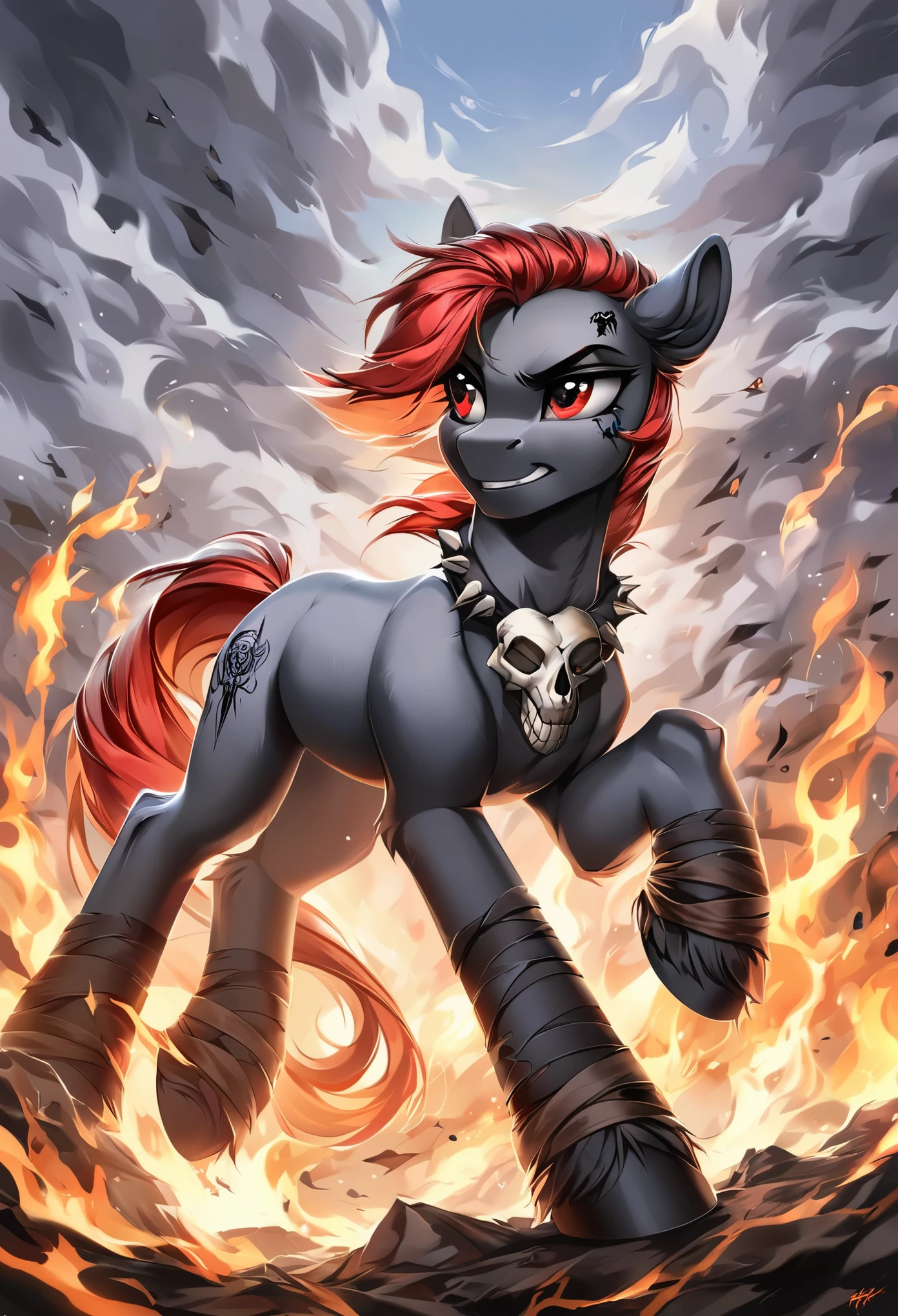 score_9, score_8_up, score_7_up, MLP, black fur, firey hair, red eyes, death, skull tattoo, desolate landscape, fire in the background, post-apocalyptic scene, only one pony, solo scene