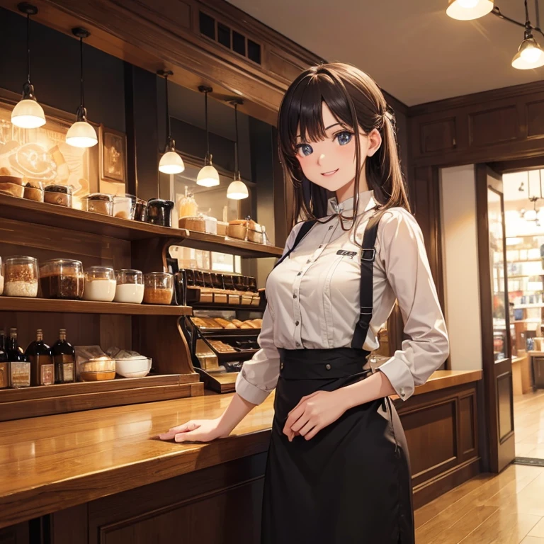 masterpiece,highest quality,A cafe with a stylish atmosphere,Female cafe clerk,Cafe uniforms,Detailed clothing,Laughter,Bright atmosphere in the store,dynamic,latte art making