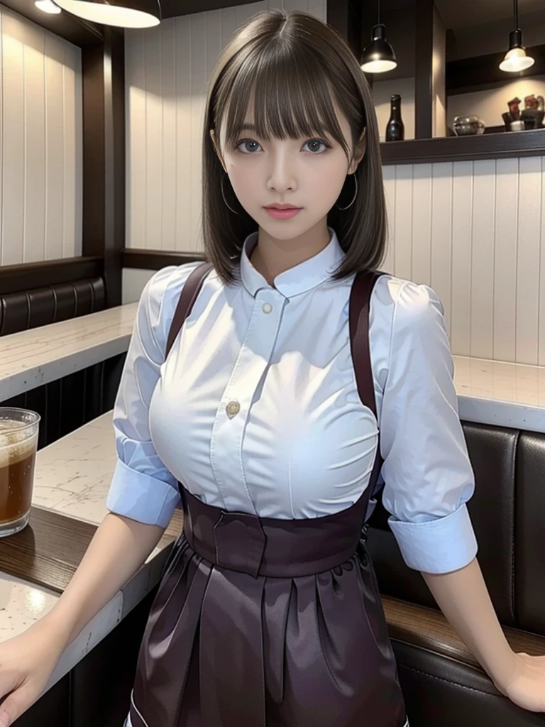 highest quality,8K,masterpiece,high resolution,The background is a cafe,Three Women,Cafe attendant costume,Larger breasts、Bob cut hair