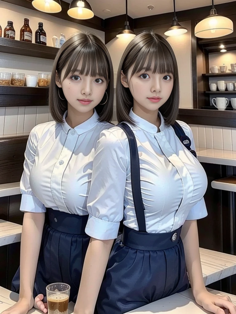 (highest quality),(8K),(masterpiece),(high resolution),(Crisp image quality),Three Women,The background is a cafe,Cafe attendant costume,Larger breasts、Short Hair,Full Body Shot,Waitress Uniform,smile