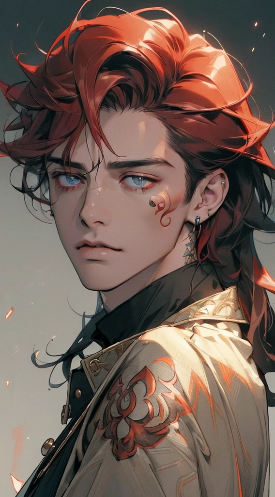 (((8K, RAW photos, Best quality, tmasterpiece: 1.4))), Ultra-high resolution, ultra - detailed, lamplight, Close-up cleavage, Handsome men, Golden eyes, (Detailed eyes, The eyes are bright:1.2), Medium long red hair, pale-skinned, ear piercings, Dark, Blackn clothes, Meticulous clothes, gold accessories on clothes, Sharp fangs, (perfect anatomia:1.2), Highqualityshadow,  natural  lightting, (White highlights:1.2), natta, overcast day, (neck tattoos:1.2), (starrysky:1.2)