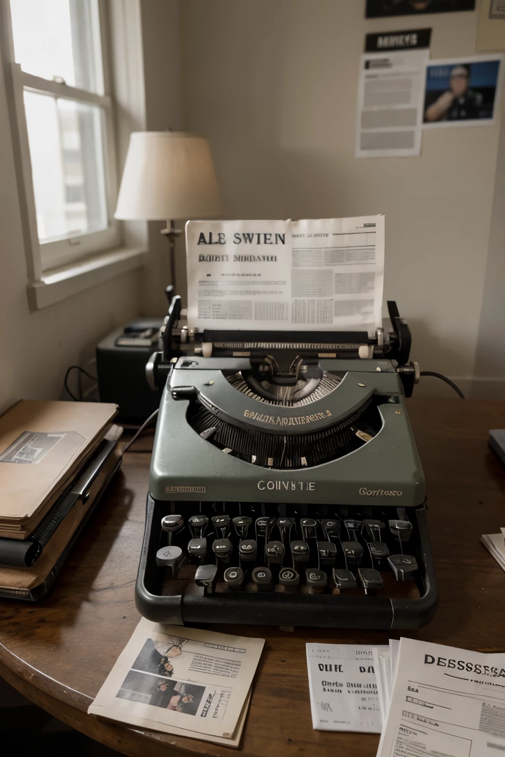 desgastada, cold and dark, a typewriter in the back of a room surrounded by newspapers cut with news of murders that cannot be detailed: The image itself focuses on the typewriter, with many cigarettes already consumed but still emitting smoke from the butts lying on the desk where the machine rests
