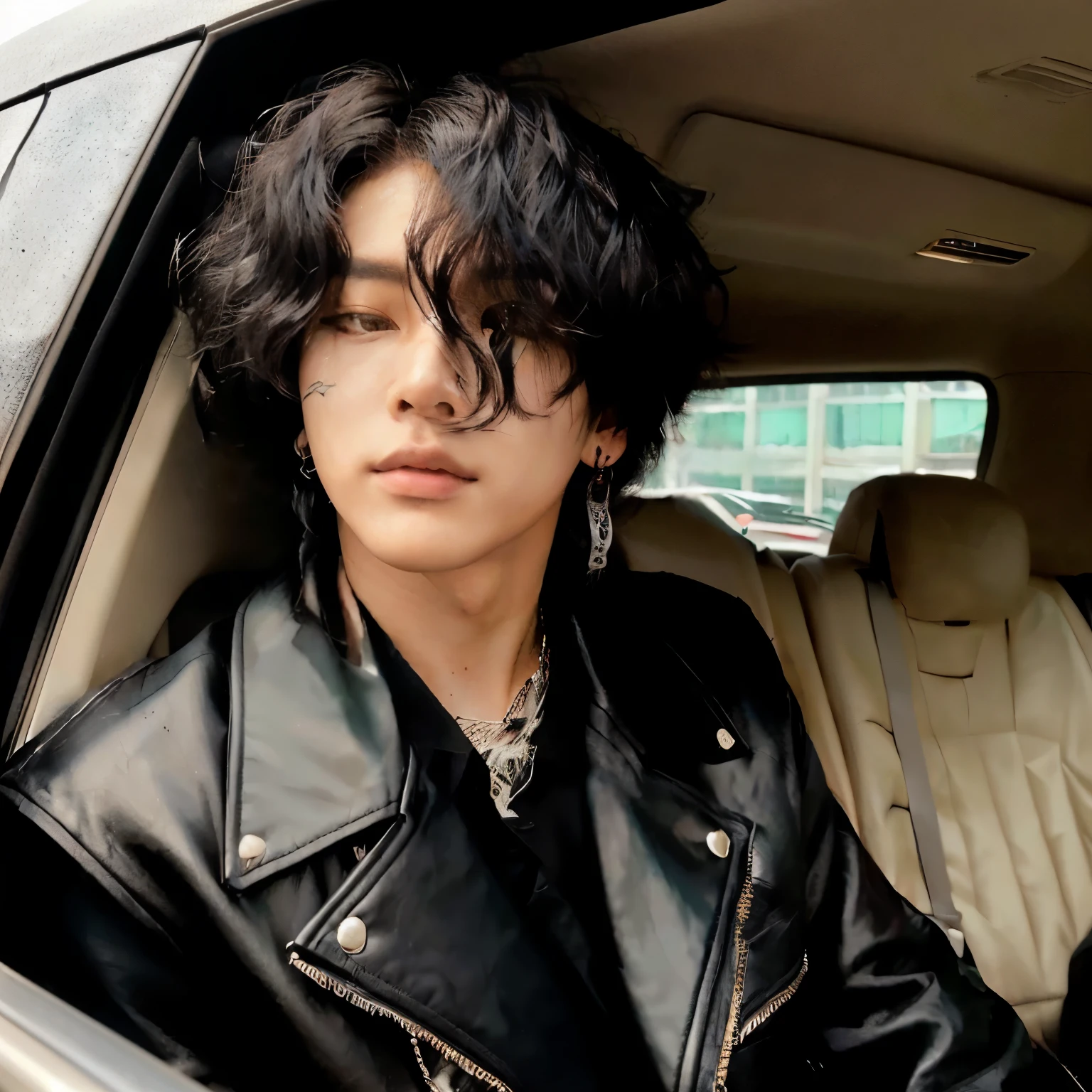 homem arrafado com uma jaqueta de couro preta sentado em um carro, cai xukun, pintar ulzzang, Jinyoung Shin, Jungkook, corte de cabelo cacheado com parte do meio, hyung tae, very aesthetic leather jacket, handsome androgynous prince, delicate androgynous prince, inspirado em Zhang Han, ele tem cabelo castanho curto e encaracolado, tem cabelo preto curto, Yoongi de cabelo preto