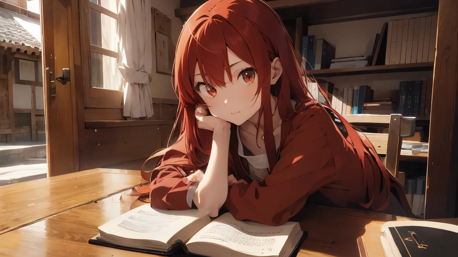 anime girl, red hair, long hair, wearing brown Franciscan tunic, corda amarrada na cintura, colar com crucifixo, sentada, lendo um livro, olhando o livro, concentrada, noite, vela na mesa, apenas a luz da vela