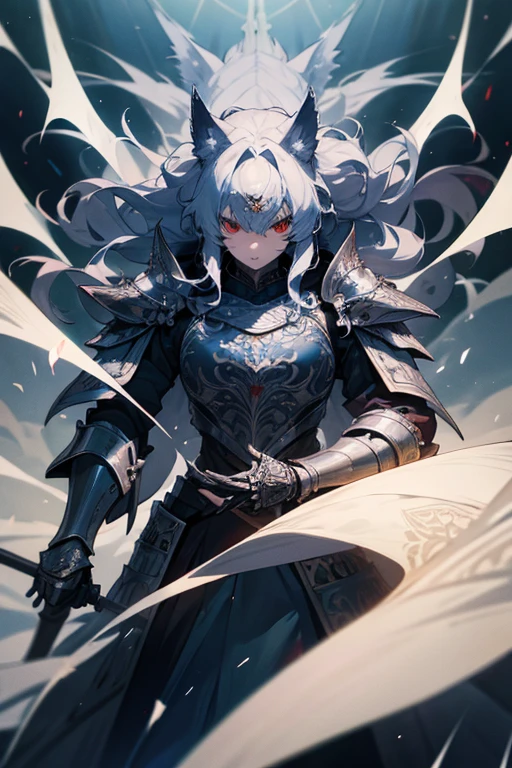 masterpiece、Wolf Knight, fine armor, Intricate Design, Silver, silk, Cinema Lighting, 4K, Floating Hair, sharp、View your viewers、Red eyes、