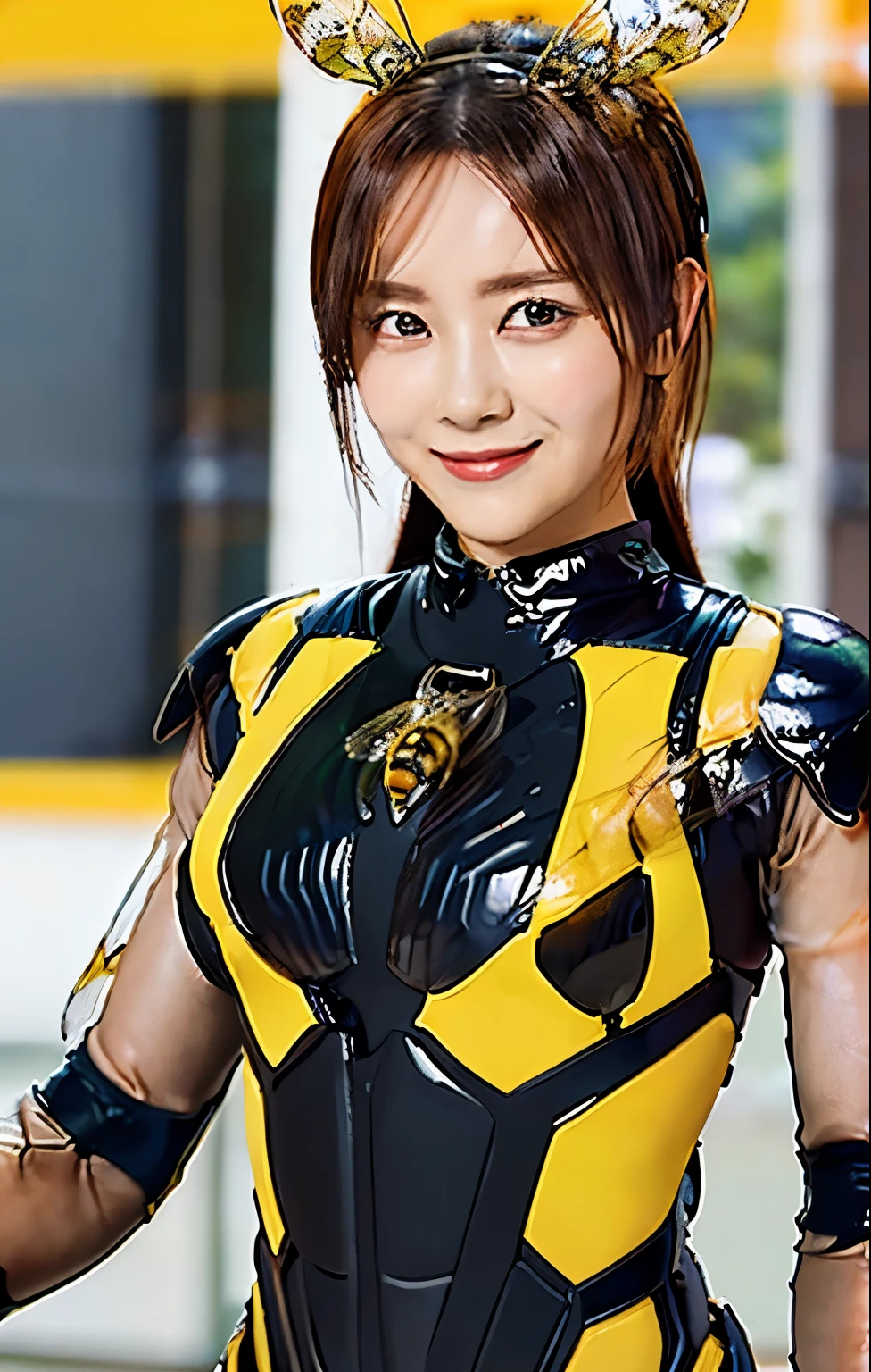Photograph the whole body、(RAW Photos, Highest quality), (Realistic, Photorealistic:1.3), 1 person、Realisticbody、Yellow battle costume、Meteor warrior flying from space、Fight against the octopus aliens、Octopus、Shielded Reflector Laser、smile、