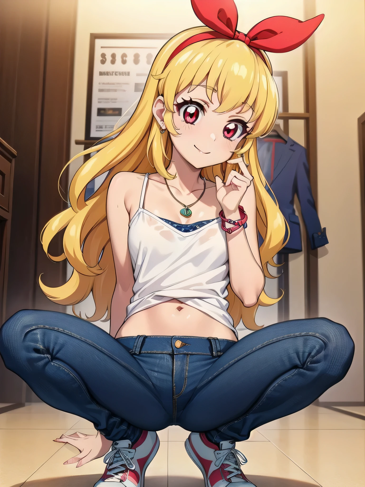 , ((beautiful)), ((masterpiece)), ((best quality)), (extremely detailed face), perfect lighting, highres, 8k, wallpaper, backlit, (absurdres), (ultra detailed, 8K, ultra highres:1.2), BREAK,(RED Ribbon on HAIRband:1.2),Blonde HAIR,smile,navel,groin,denim shorts,loose clothes,shirt pull:1.4,shorts pull:1.4,A fashionable female ,dressed in a casual yet stylish outfit,browsed the racks of clothes at the department store. She hummed a tune to herself as she examined the various accessories and small items on display. Her outfit consisted of a pair of ripped denim shorts paired with a loose, camisole and a pair of sneakers. She accessorized with a small, silver bracelet on her wrist. As she shopped, the girl couldn't help but be drawn to the various colorful and glittering items in the store. She picked up a pair of cute, heart-shaped earrings and a matching necklace,admiring them in the bright, fluorescent lighting,Ichigo Hoshimiya (Aikatsu!),from below,squatting,groin_focus,