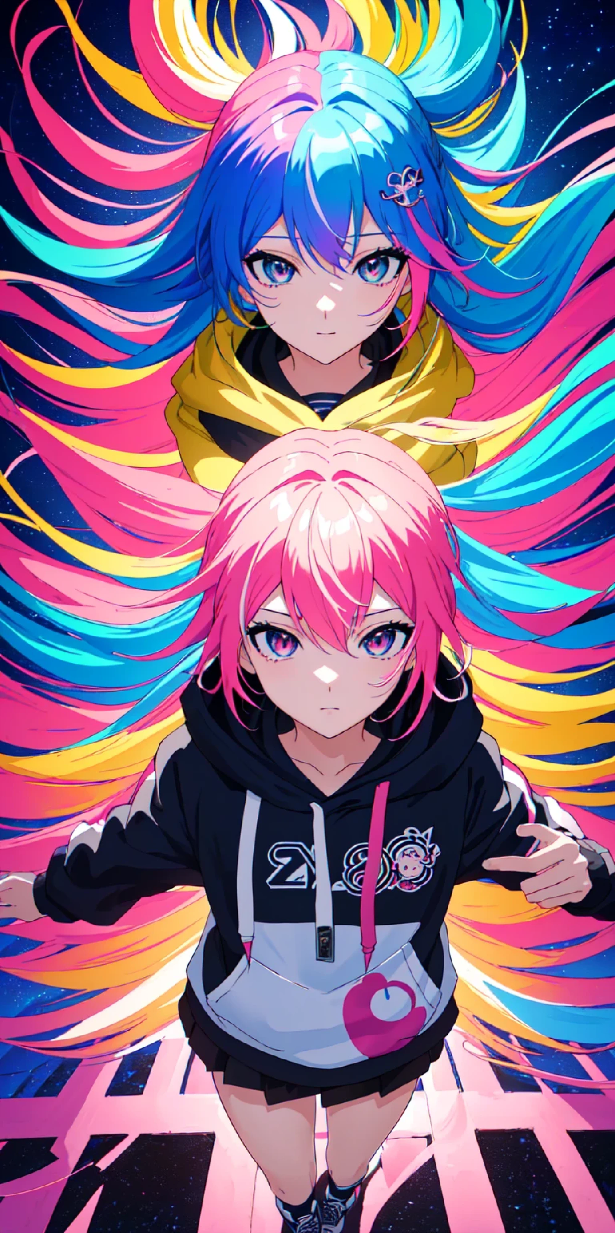 Close-up of a person with colorful hair and a hoodie, Best Anime 4K Konachan Wallpaper, anime art wallpaper 4k, anime art wallpaper 4k, anime art wallpaper 8k, Danganronpa digital art, Anime Style 4k, 4k anime wallpaper, anime wallpaper 4k, anime wallpaper 4k, anime abstract art