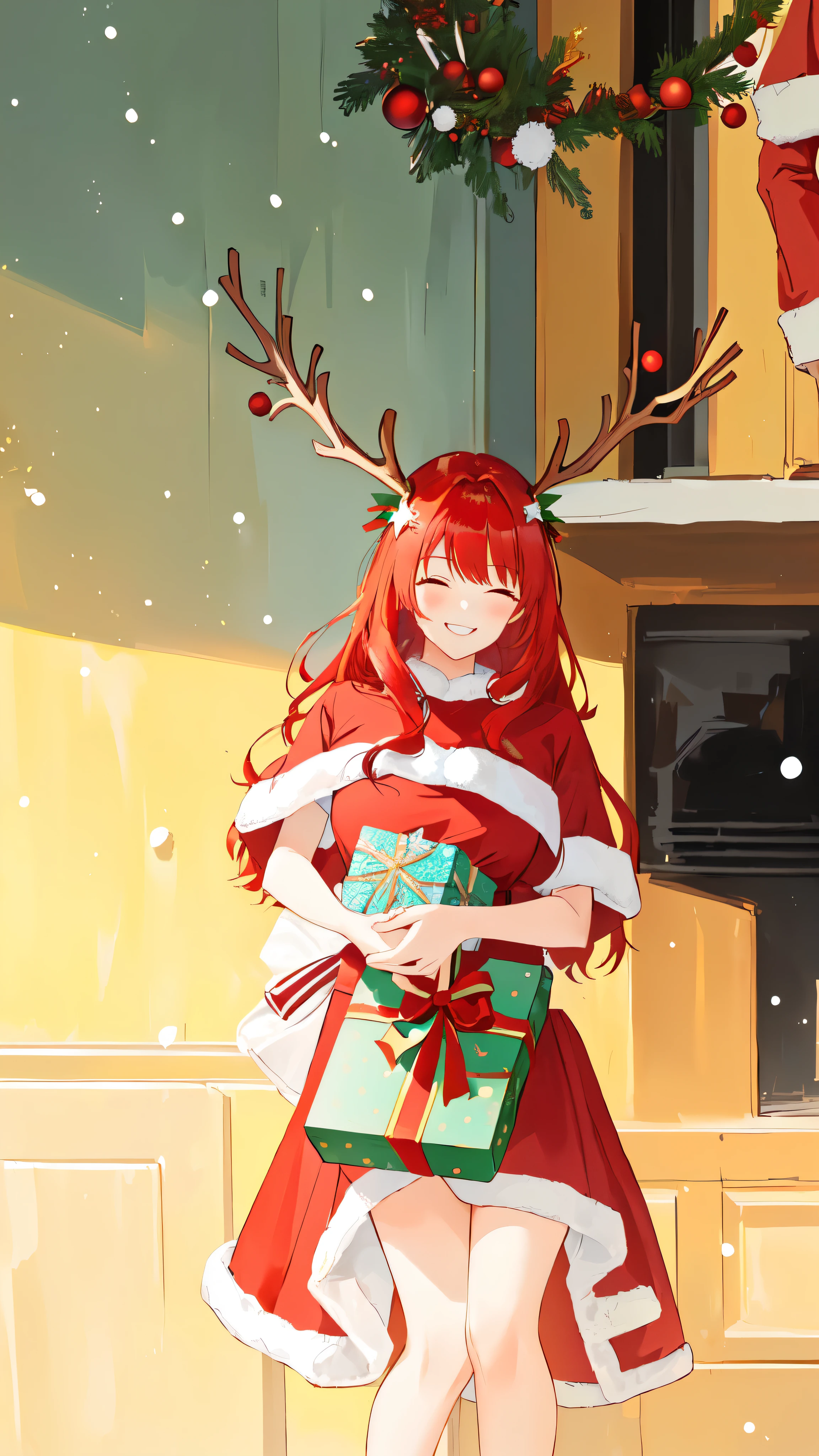 A girl with red hair,Wear Christmas clothes,It has antlers on its head,Hands holding Christmas gifts,Good figure,Long legs,Head down,Smile,Squinting eyes
