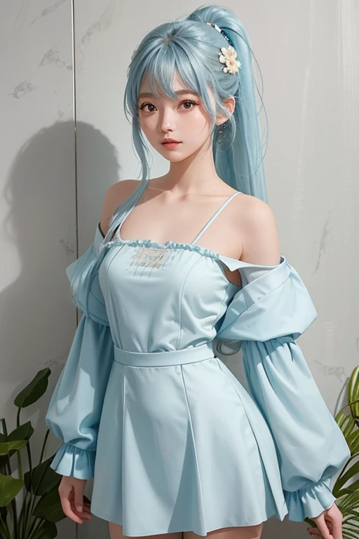 (masterpiece), showcasing the highest quality and super detailed artistic expressions, reveals one girl in fashionable clothes, standing confidently before you. With a simple background that allows the figure to pop, the Fashion Model gracefully presents herself, inviting viewers to immerse themselves in an interview. Delicate beauty unfolds as you focus on her face, adorned with beautiful fine details, and her dish-shaped hair cascades in soft, flowing waves, held together by a ponytail or a scrunchie adorned with floating flowers. Ayaka Kamisato, with her light blue hair and bangs, exudes an aura of tranquility under the best lighting and perfect shadows, highlighting the