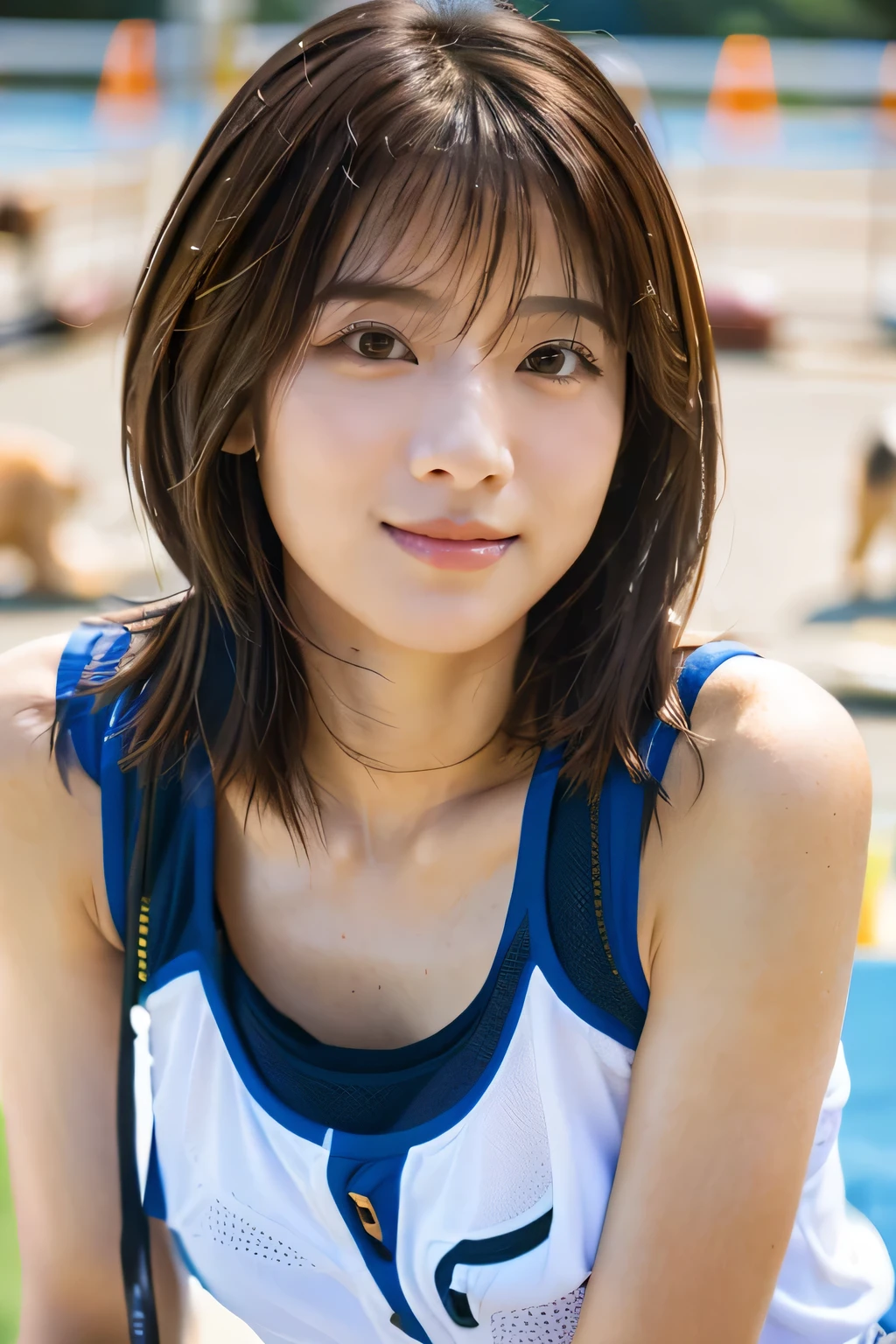 highest quality, Photorealistic, Very detailed, finely, High resolution, 8K Wallpaper, Professional, High level of detail, ((One 18 year old girl:1.2)), Slender Japanese women,Pretty lips, (Beautiful long lashes:1.2)、Detailed clavicle, Perfect Face, (Cute short bob hair:1.5),Top Quality,Ultra-clear resolution,Clear Eyes,Sunburned skin,Perfect large breasts,have perfect legs,Focus on the legs,(At the dog run with my dog:1.5)、(A serious look and a gentle smile:1.5)、