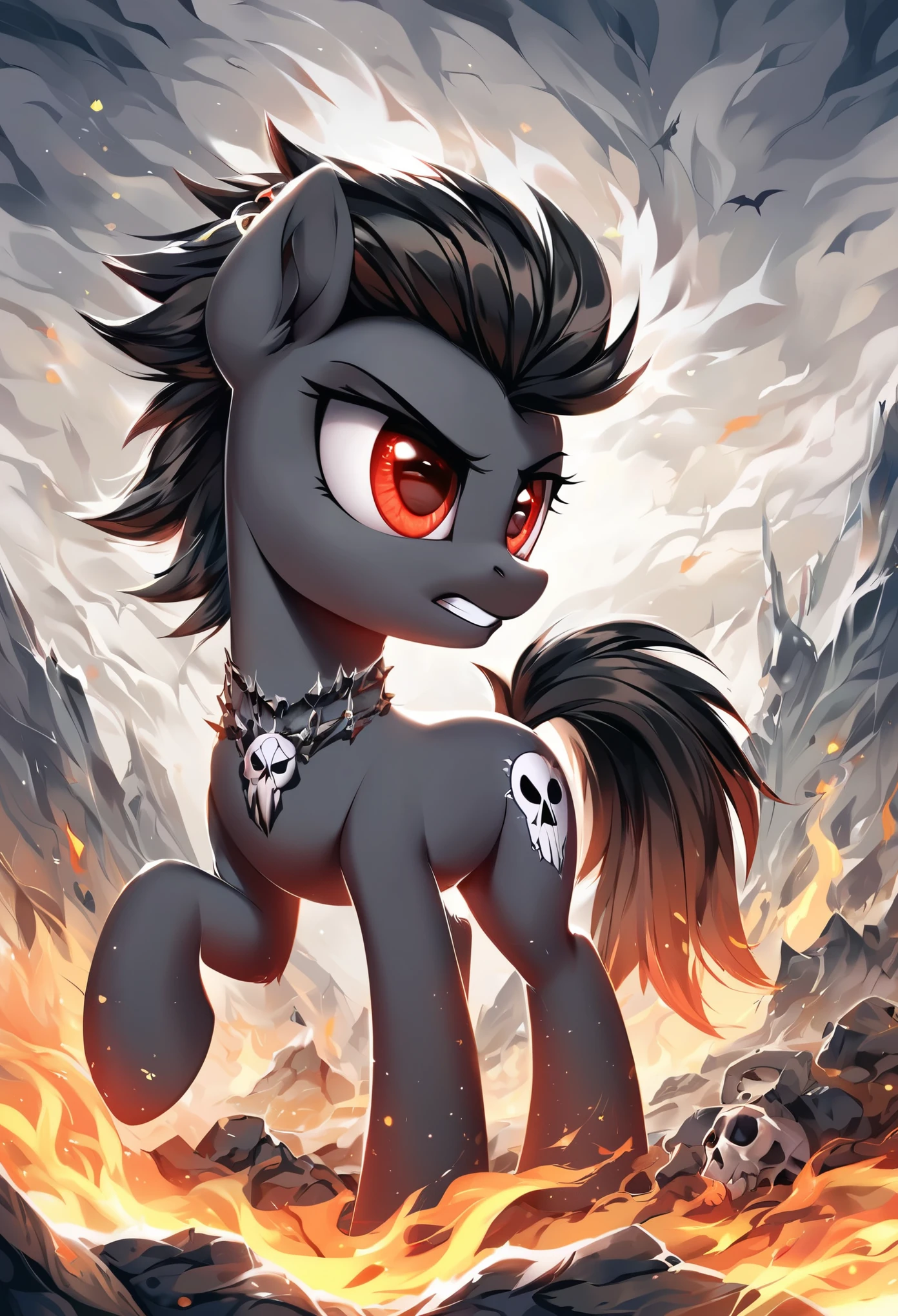 score_9, score_8_up, score_7_up, MLP, black fur, firey hair, red eyes, death, skull tattoo, desolate landscape, fire in the background, post-apocalyptic scene, only one pony, solo scene