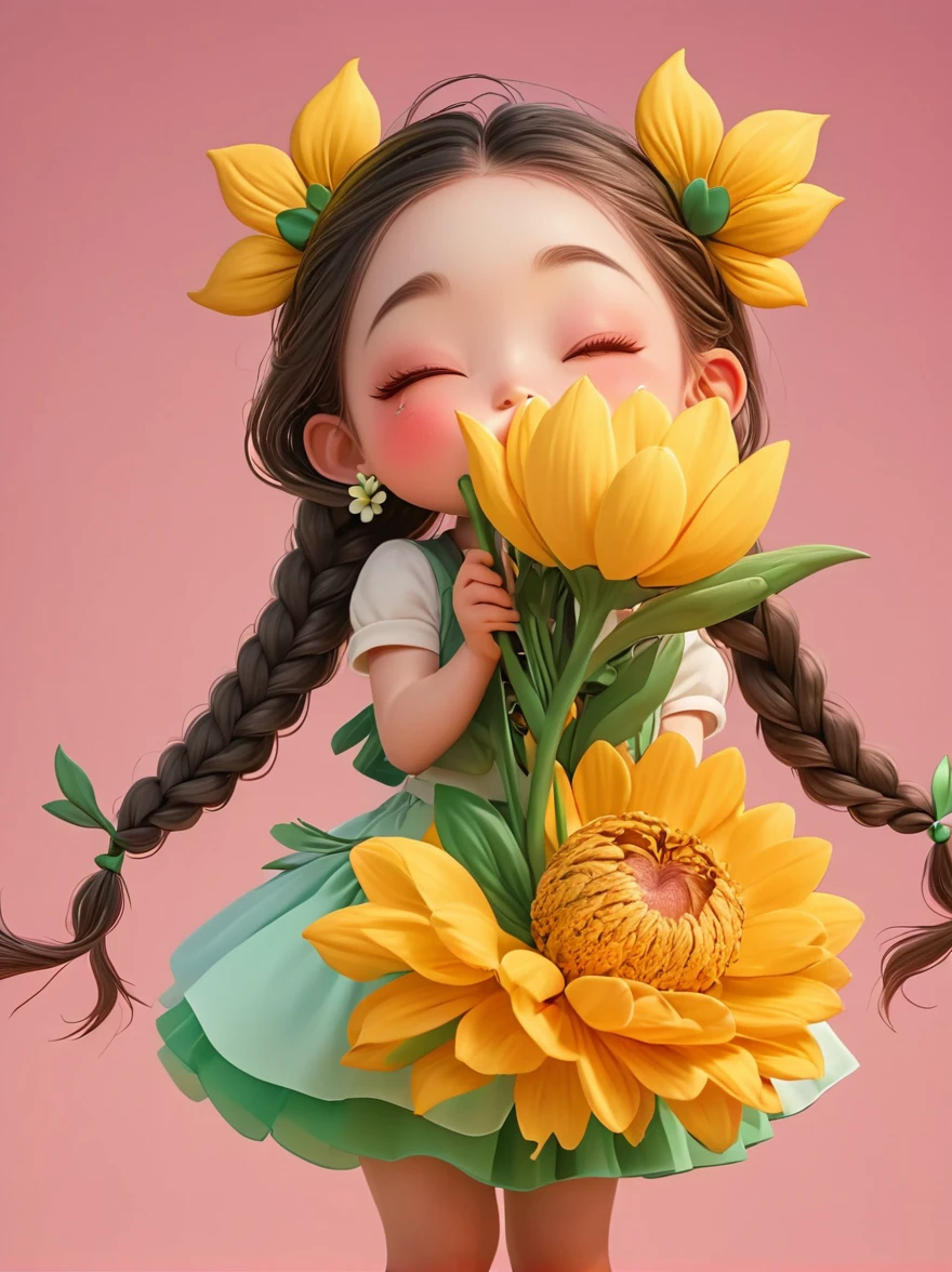 Cute girl with long braids,Kissing in front of the camera,Wearing a skirt,Holding a huge flower,(Close one eye:1.3),3D Rendering,Solid color background,specific,chibi anime,Surrealism, Cartoon Style, full-body shot, Super Detail, Anatomically correct, masterpiece, precise