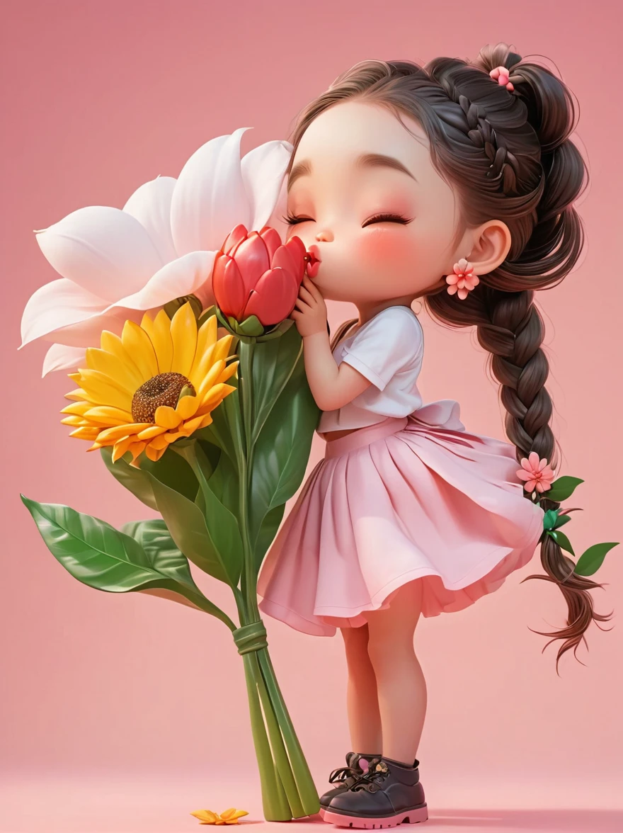 Cute little girl with long braids,Kissing in front of the camera,Wearing a skirt,Holding a huge flower,(Close one eye:1.3),3D Rendering,Solid color background,specific,chibi anime,Surrealism, Cartoon Style, full-body shot, Super Detail, Anatomically correct, masterpiece, precise