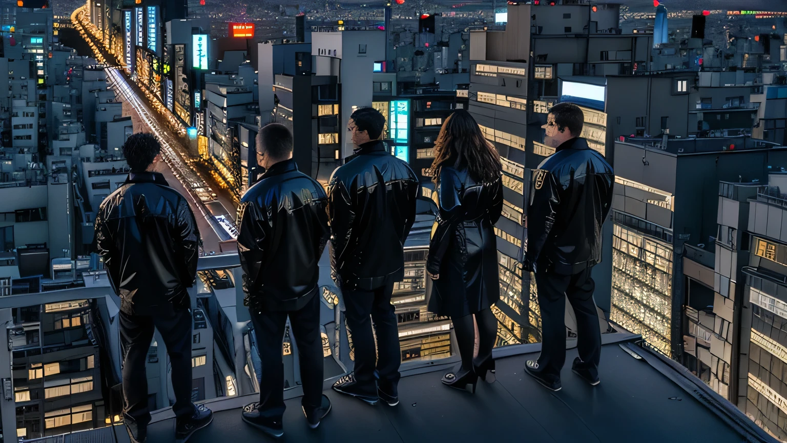 5 people standing on the windowsill，Four men and one woman，Look at the city at night, Standing on the roof, Standing on the roof of a skyscraper, Standing on the roof, On the rooftops of Tokyo at night, City night visual effects, Movie promotional images, Overlooking the modern city, Looking at the city, on tokyo cyberpunk night rooftop, in a future city, Tokyo night rooftop