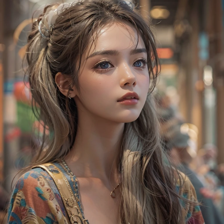 desert、Hair flows、 ((highest quality、masterpiece、8k、best image quality、ultra high resolution、Award-winning work)、(close-up of woman's face:1.35)、(close-up of naked face:1.3)、(accurate ???????:1.1)、(look at me and smile:1.1)、Shining fair skin with ultra high resolution、most detailed face、ultra high resolution detailed face、ultra high resolutionの髪の毛、(ultra high resolutionの煌めく瞳:1.1)、Beautiful face drawn in every detail、(blurred background:1.1)、ancient Islamic clothes, chest together, tattoo, Old ruins in the background、