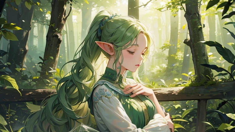One girl, alone, Elf, 8k wallpaper, Super detailed, beautifully, masterpiece, highest quality, Realistic, Fairy, Light Theme, Bright Forest, dress,Botanical, Natural light, She is sleeping peacefully, birdie,Her hair is light green and tied in a casual ponytail., A few wavy strands of hair framed her face.. 