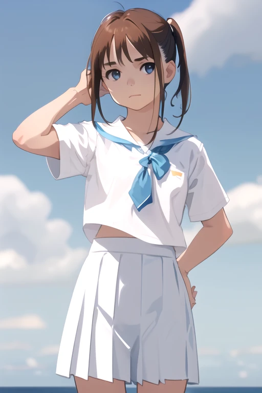 1girl, solo, standing upright, (from front:2), medium brown hair,  closed mouth, small breasts, flat chest, arms behind back, white shirt, sea-blue skirt, pleated skirt, blue sky,