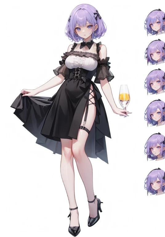 Purple Hair,Shortcuts,Adult female,(((bartender))),((Body Harness)),((Rolling up your sleevesＹshirt)),(corset),(skirt),(slit),High heels,((Simple Background)),smile,((Full Body)),((full body)),((whole body)),Character Sheet,