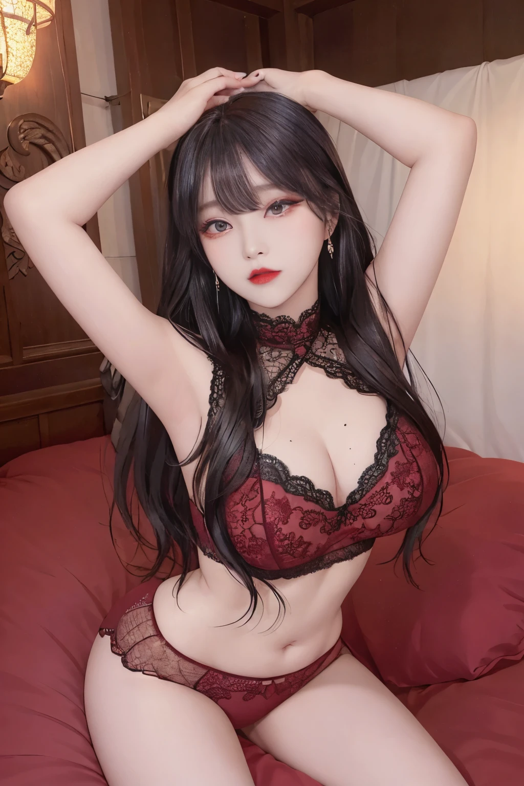 Top image quality、Raw photography、A high resolution、20-year-old cool Korean、big round chest、sexy red lace underwear、Beautiful Eyes of Details、very elongated eyes、Beautiful eyelashes、Beautiful double eyelids、eyeshadows、long legs,medium thighs, beautiful eyes finely detailed、elongated eyes、long eyeslashes、Beautiful double eyelids、eyeshadows、earrings、shiny skin、 1 girl, solo, sexy pose,