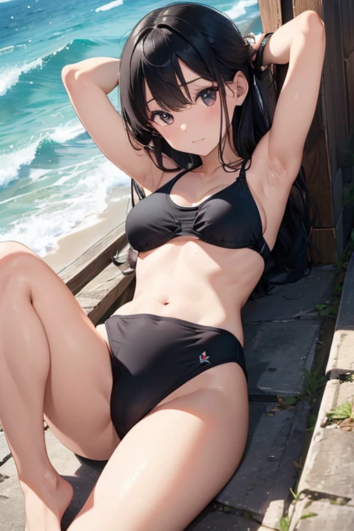 ((highest quality)), ((masterpiece)), (detailed), Perfect Face Small breasts and wearing a swimsuit Black Hair Semi-Long Armpit Double