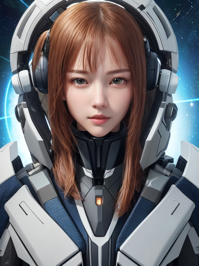 masterpiece、top-quality、realisitic、ultra-detailliert、SFW、head shot、facial close-up、Portrait of a young woman、starsector、Sci-fi style mechanical suit、High-tech gadgets、Head turned to the front、