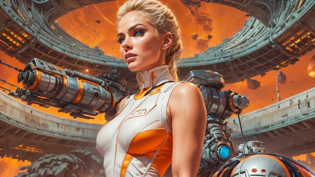 arafed image of a white woman in a futuristic suit with a spaceship in the background, movie art, in front of an orange background, inspired by Robert McGinnis, female protagonist, megastructure in the background, portrait of an ai astronaut, astronauts, an astronaut, portrait of a astronaut skeletor, perfect android girl, detailed eyes, perfectly detailed teeth, frank franzzeta and sakimichan