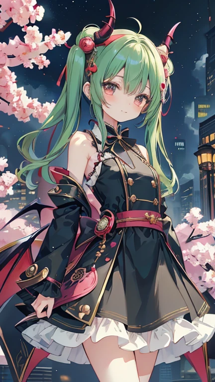 Japanese anime style.
Hong Kong at night, Park with dancing cherry blossoms.
A cute magical girl and a cool male demon king are enjoying the Parapara dance.
[Cute Magical Girl Features]
Long light green twin tails.
The hair accessories are beautiful, but、Ugly but cute mascot characters also appear.
She has a shiny magic wand with a big jewel on it.
[Characteristics of a male demon king]
He is handsome, Mature men in their 30s.
The head has horns、Her hair is very long and reddish purple。.
He is wearing a cool long coat, It comes with something like a mascot character..
It has large bat-like wings growing from its back..
Next to him is a small, cute dragon-like monster..