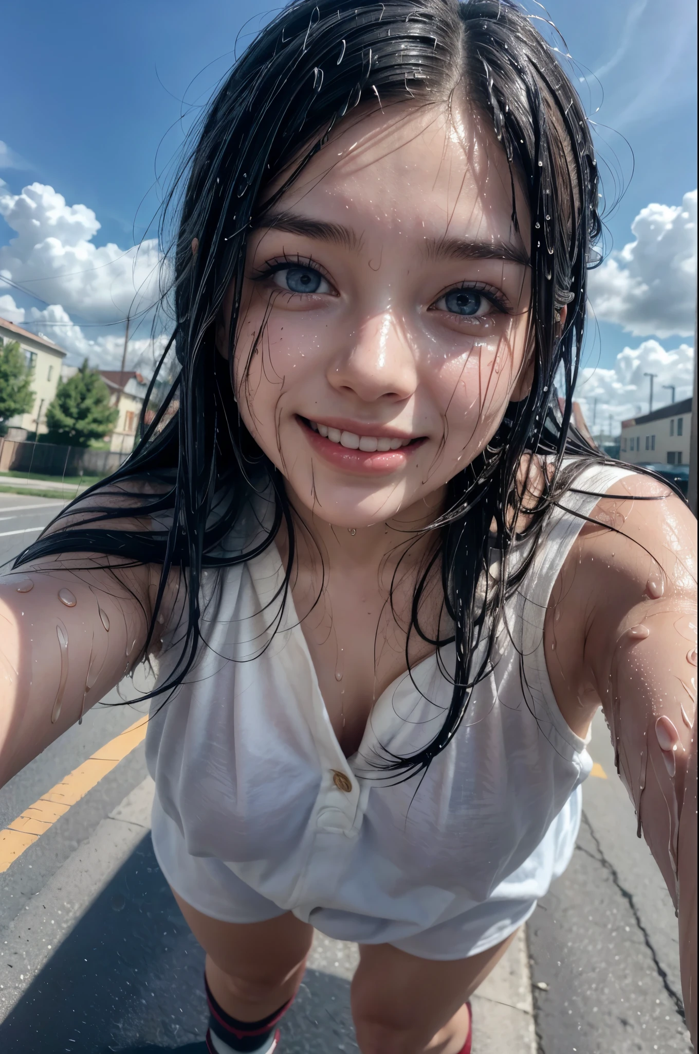 (Surrealism), (first-person view :1.5), (pov :1.5), (40k, best quality, masterpiece:1.2), (realistic, photo-realistic:1.37), ultra-detailed, 1girl, solo, cute, beautiful detailed sky, (smile:1.2), (grin), beautiful detailed eyes, floating hair,(seifuku:1), stockings, full body,street,thin, RAW photo, Photography, Ultra-detailed face, Detailed eyes, (wet body :1.3).