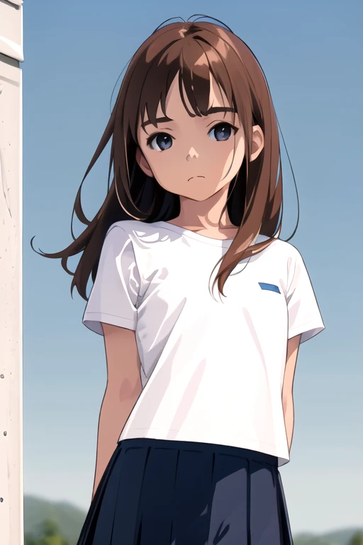 1girl, solo, standing upright, (from front:2), medium brown hair,  closed mouth, small breasts, flat chest, arms behind back, white shirt, dark blue skirt, pleated skirt, blue sky,