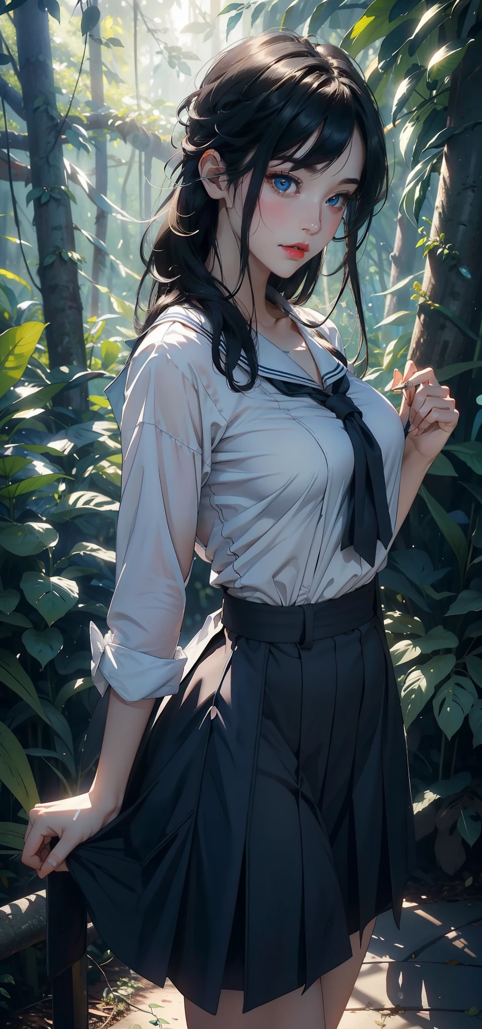 1 female,(background:In the woods,Rainforest,In the summer,Strong wind) She has short black hair,Bangs,Straight Hair,Red lips,stand up,Front view, OK, Gloomy sky,(((masterpiece),(Highly detailed CG Unity 8k wallpaper),最OK质量,Light,详细background,Beautiful blue eyes,(Very delicate and beautiful),(Beautiful and detailed description of the eyes),Super detailed,masterpiece,)),face camera,high resolution,Super detailed),Exposing breasts,Exposing genitals, Convex,Camel toe,Sexy bulge,American high school student(Wear:Uniforms,Sailor uniform)