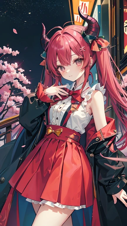 Japanese anime style.
Hong Kong at night, Park with dancing cherry blossoms.
A cute magical girl and a cool male demon king are enjoying the Parapara dance.
[Cute Magical Girl Features]
Long light green twin tails.
The hair accessories are beautiful, but、Ugly but cute mascot characters also appear.
She has a shiny magic wand with a big jewel on it.
[Characteristics of a male demon king]
He is handsome, Mature men in their 30s.
The head has horns、Her hair is very long and reddish purple。.
He is wearing a cool long coat, It comes with something like a mascot character..
It has large bat-like wings growing from its back..
Next to him is a small, cute dragon-like monster..
